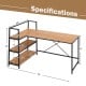 Dimensions of the reversible L-shaped computer workstation in walnut with 3-tier shelf, perfect for space-saving setups.